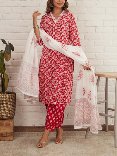 Red Cotton Printed Suit Set