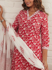 Red Cotton Printed Suit Set