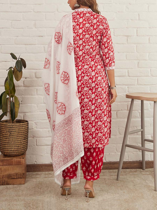 Red Cotton Printed Suit Set