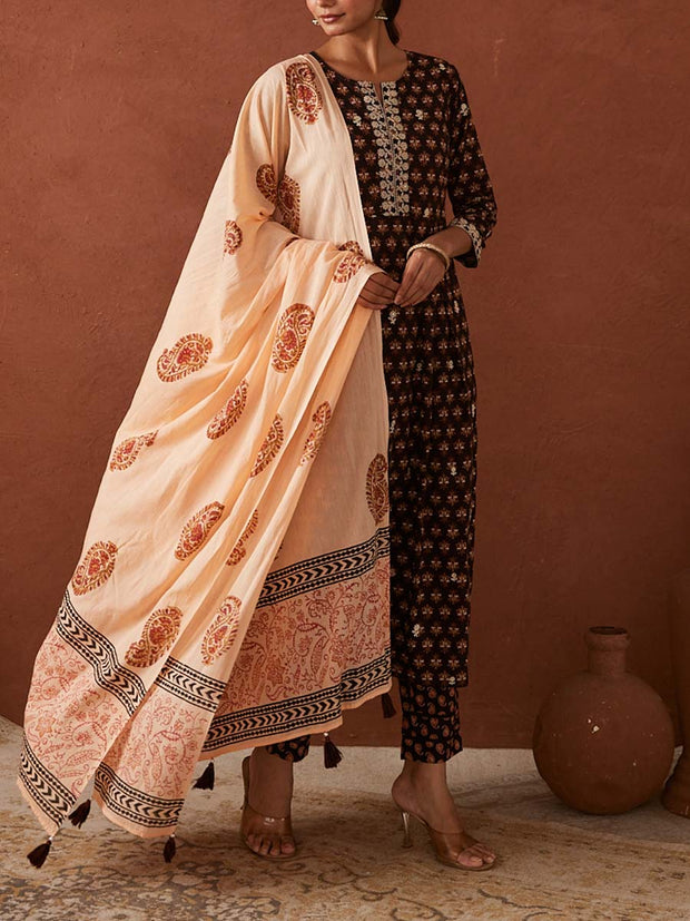 Brown Cotton Printed Suit Set