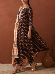 Brown Cotton Printed Suit Set