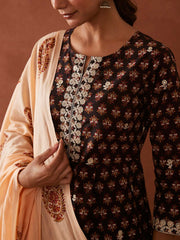 Brown Cotton Printed Suit Set