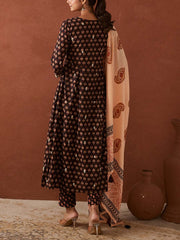 Brown Cotton Printed Suit Set