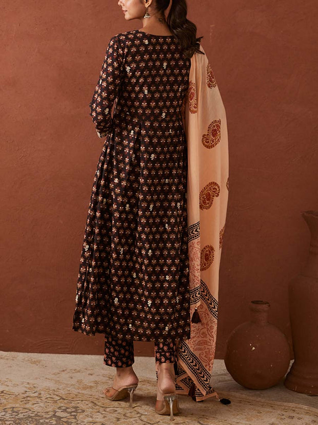 Brown Cotton Printed Suit Set