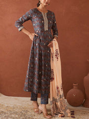 Blue Cotton Printed Suit Set