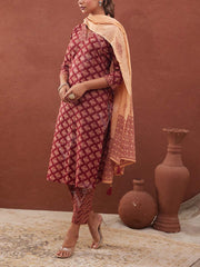 Maroon Cotton Printed Suit Set