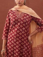 Maroon Cotton Printed Suit Set