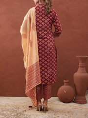 Maroon Cotton Printed Suit Set