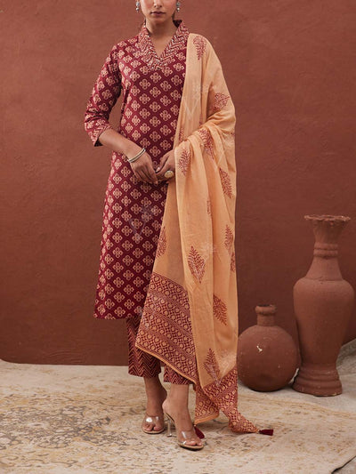 Maroon Cotton Printed Suit Set