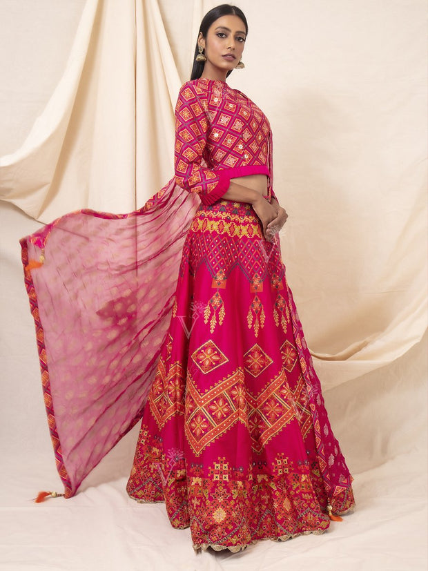 Hot Pink Handcrafted Silk Lehenga Set