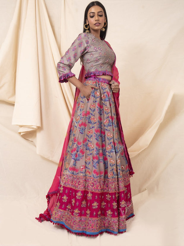 Grey And Pink Silk Floral Lehenga Set