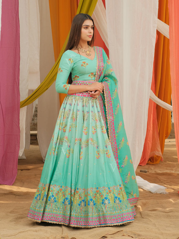 Mint Green Vasansi Silk Printed Lehenga Set