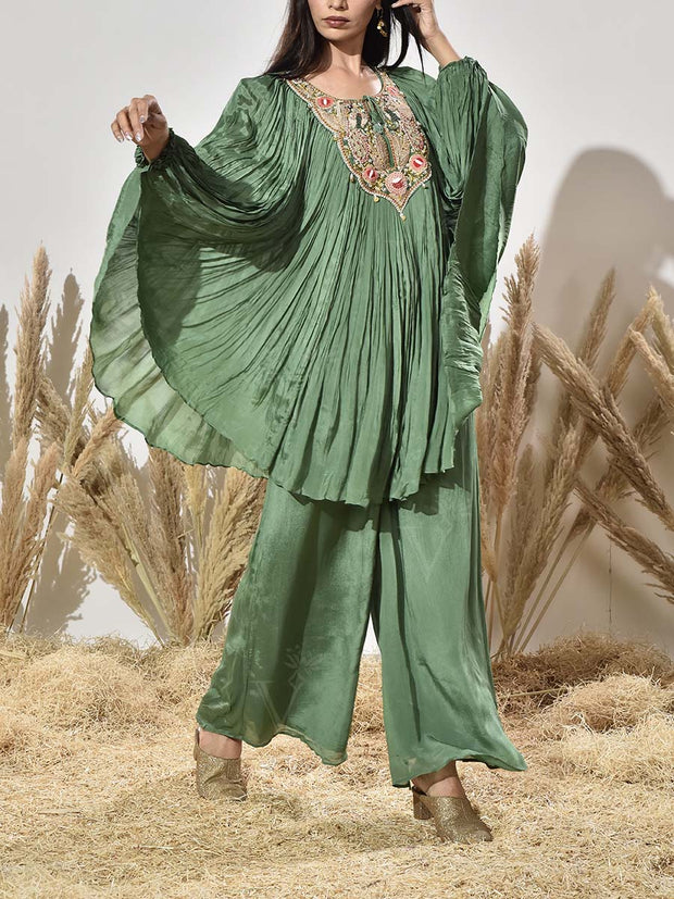 Green Embroidered Cape and Palazzo Set