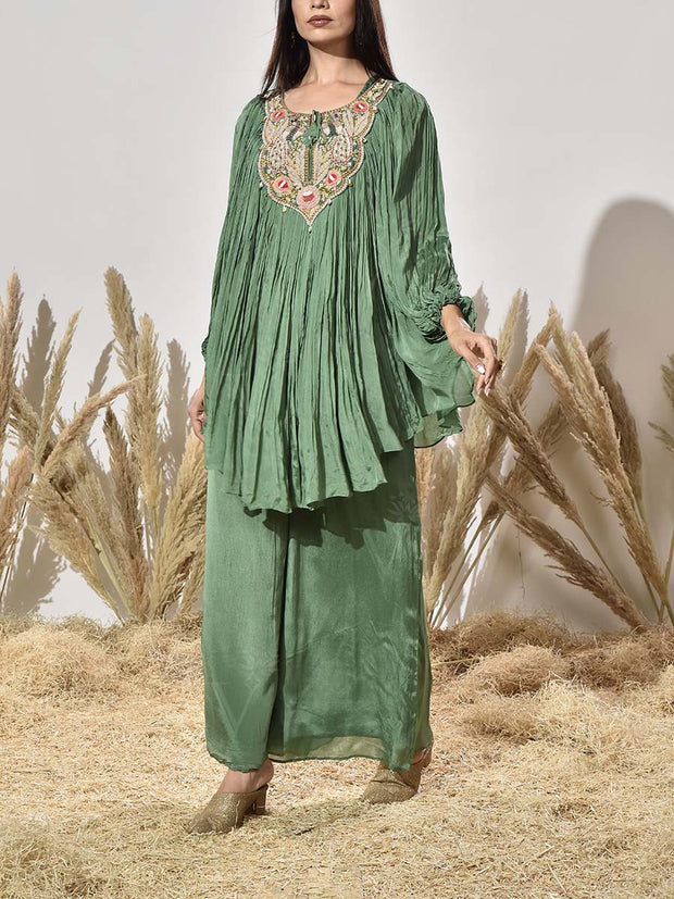 Green Embroidered Cape and Palazzo Set