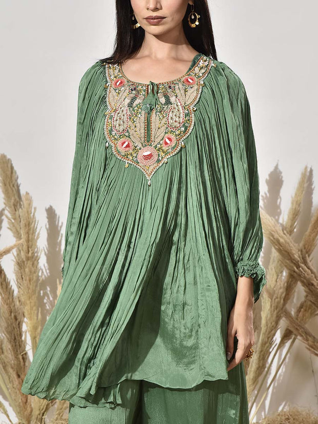 Green Embroidered Cape and Palazzo Set