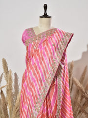 Orange And Pink Tussar Silk Saree