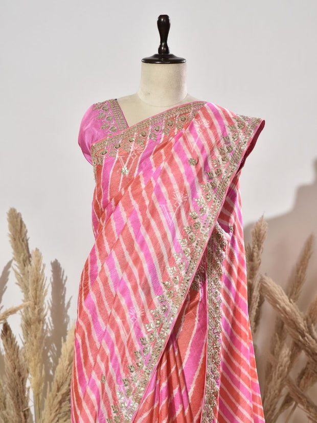 Orange And Pink Tussar Silk Saree