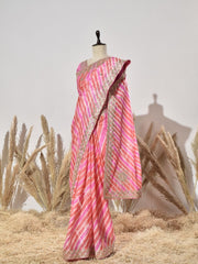 Orange And Pink Tussar Silk Saree