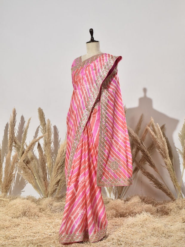 Orange And Pink Tussar Silk Saree