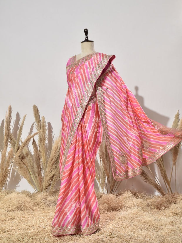 Orange And Pink Tussar Silk Saree