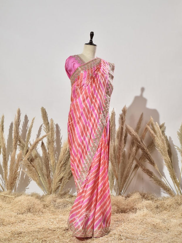Orange And Pink Tussar Silk Saree