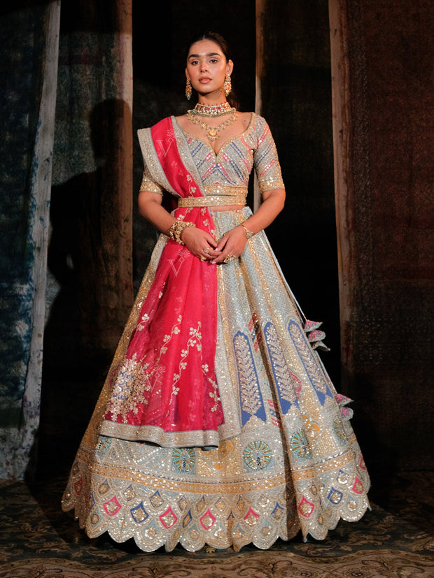 Multi Color Raw Silk Lehenga Set