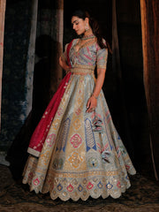 Multi Color Raw Silk Lehenga Set