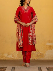 Red Muslin Embroidered Suit Set