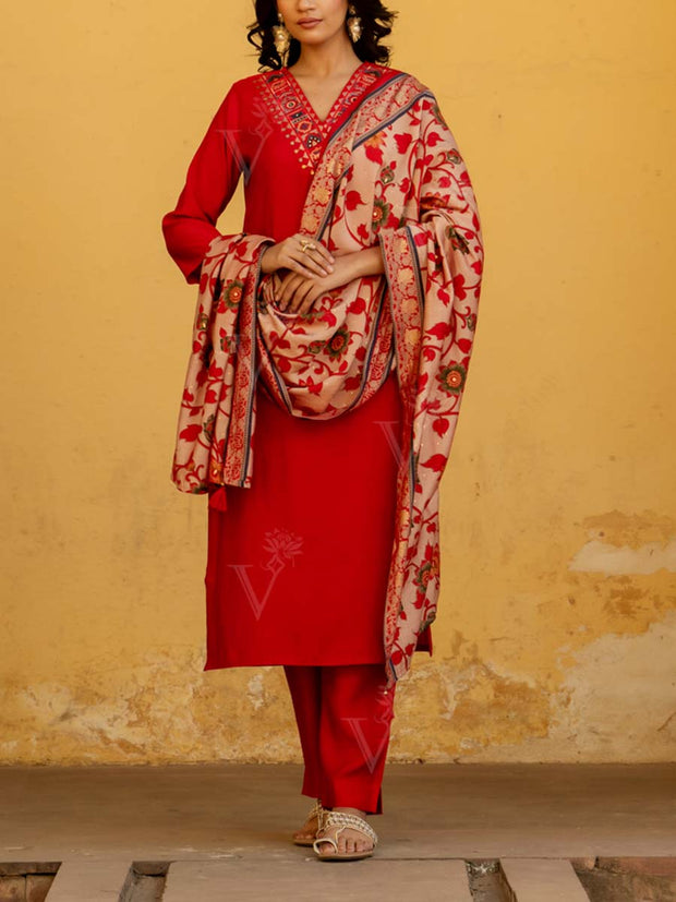 Red Muslin Embroidered Suit Set