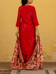 Red Muslin Embroidered Suit Set