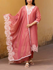 Coral Pink Embroidered Tissue Suit Set