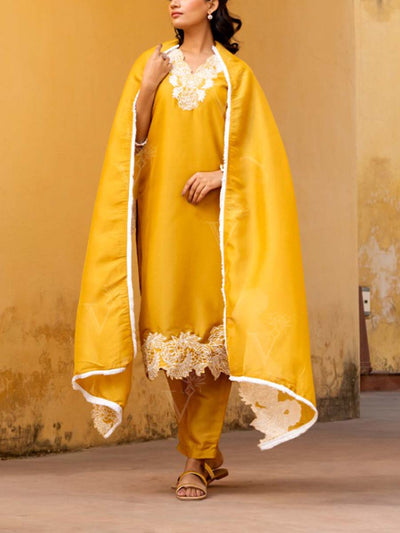 Yellow Embroidered Tissue Suit Set