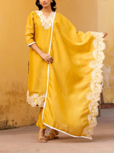 Yellow Embroidered Tissue Suit Set