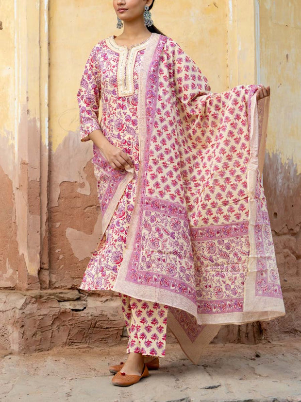 Ivory Cotton Printed Suit Set