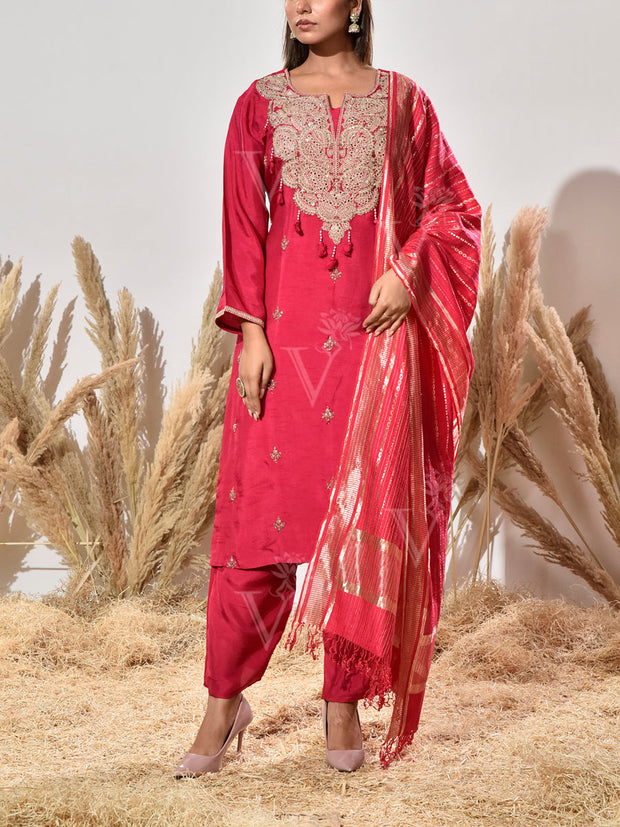 Pink Embroidered Dola Silk Suit Set