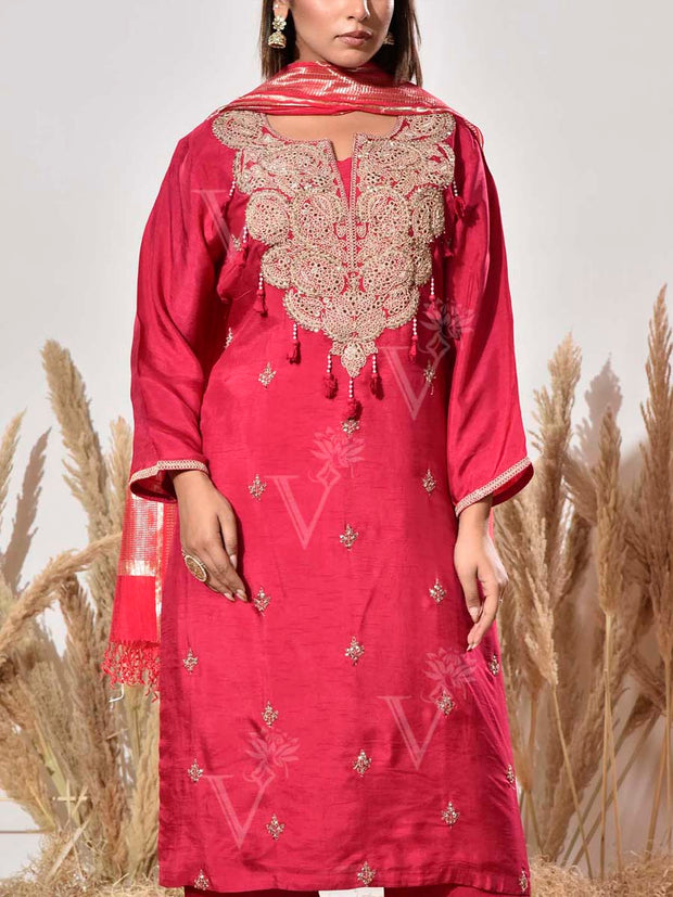 Pink Embroidered Dola Silk Suit Set