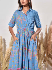 Blue Cotton Printed Dress