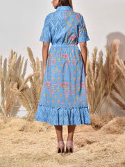 Blue Cotton Printed Dress