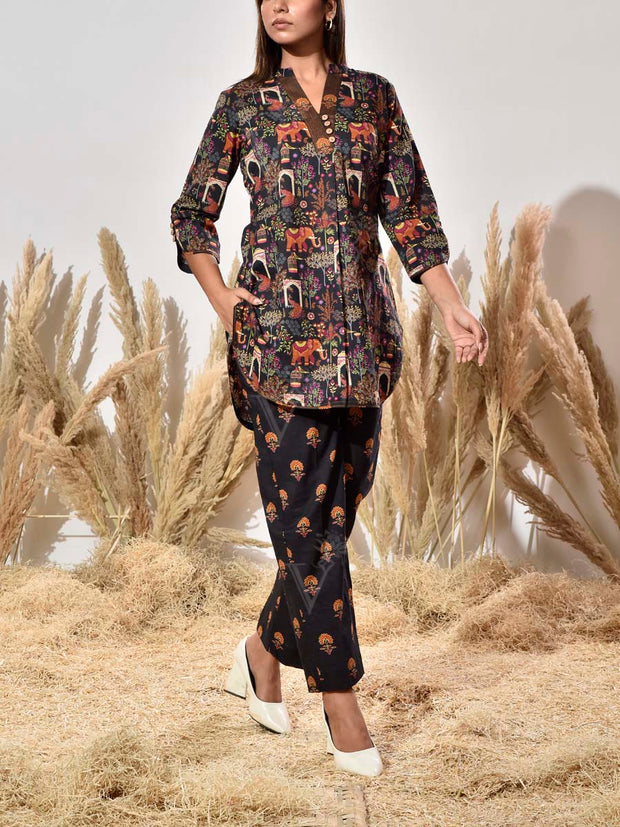 Black Cotton Printed Co Ord Set