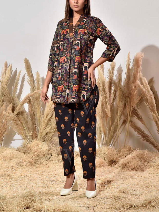 Black Cotton Printed Co Ord Set