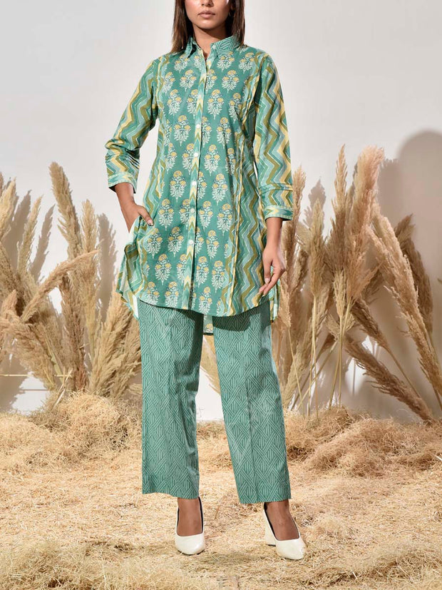 Green Cotton Printed Co Ord Set
