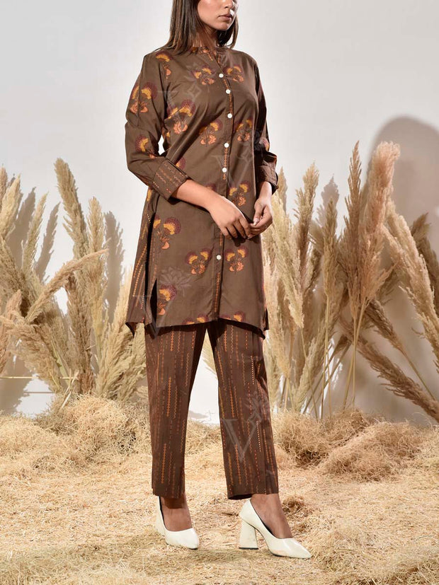 Brown Cotton Printed Co Ord Set