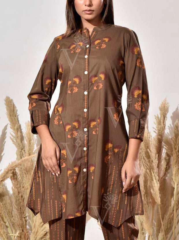 Brown Cotton Printed Co Ord Set