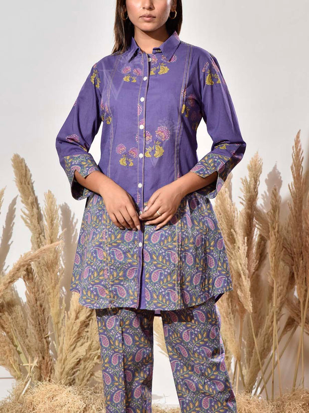 Purple Cotton Printed Co Ord Set