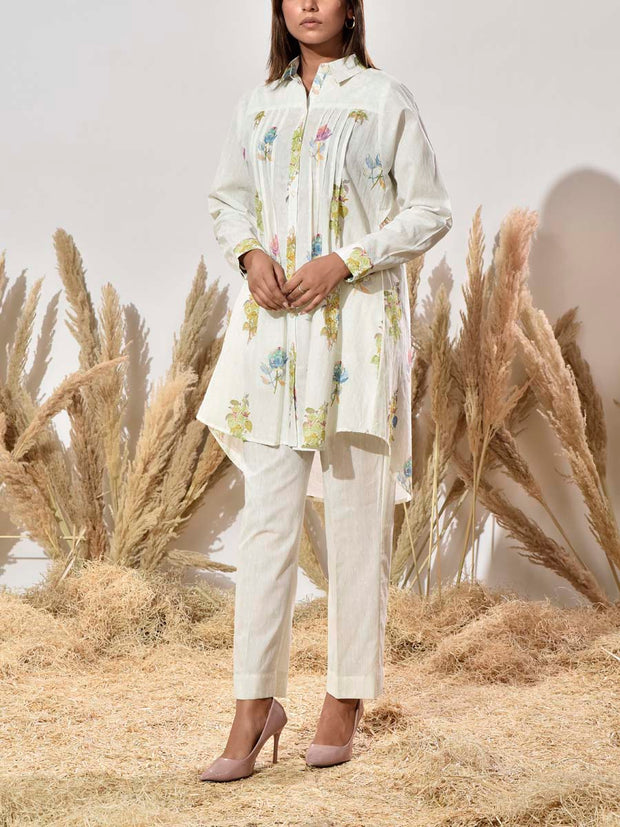 White and Green Cotton Printed Co Ord Set
