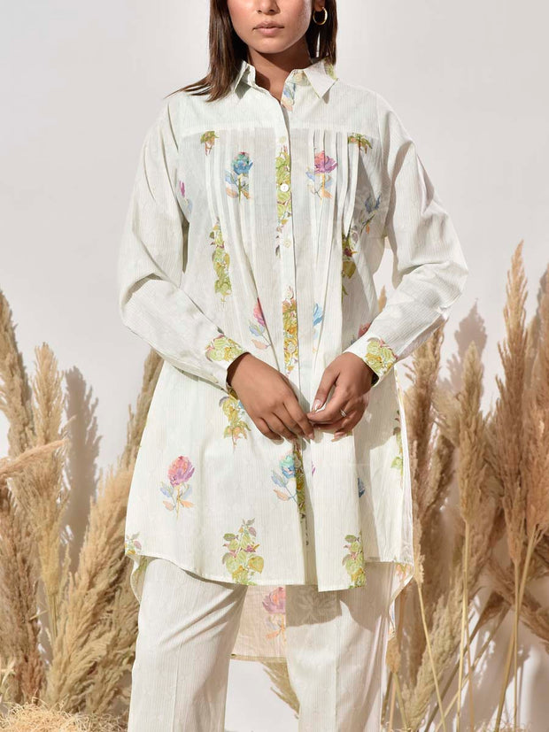 White and Green Cotton Printed Co Ord Set
