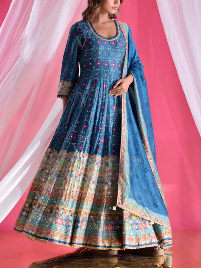 Blue Vasansi Silk Printed Anarkali Gown