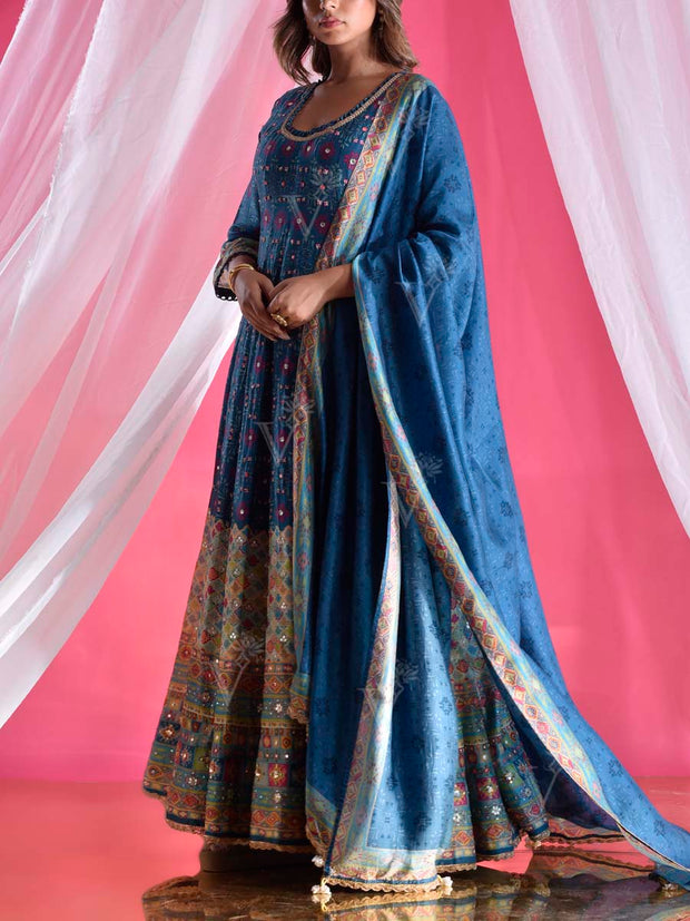 Blue Vasansi Silk Printed Anarkali Gown