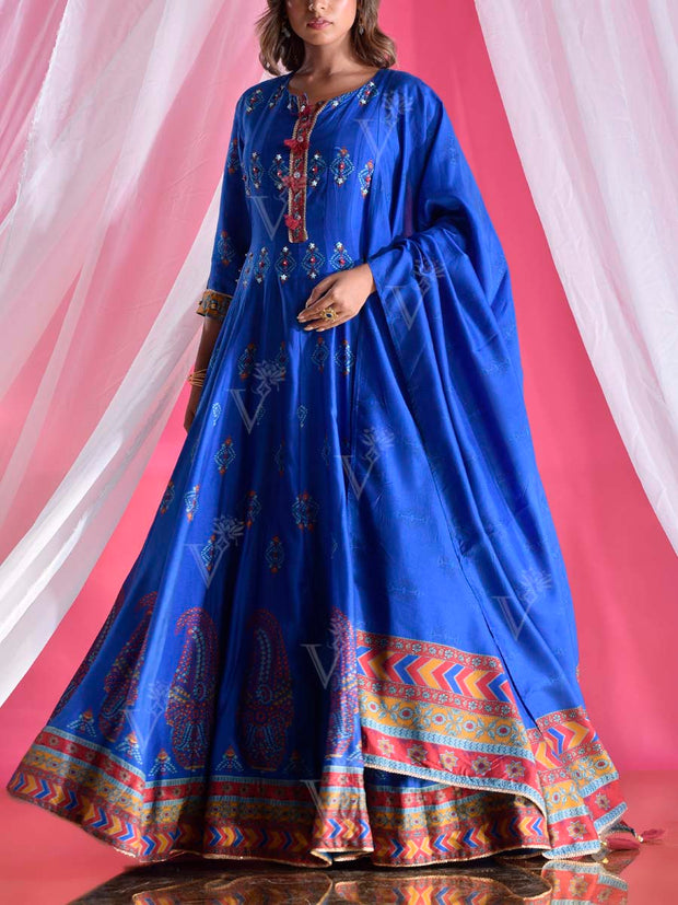 Blue Vasansi Silk Printed Anarkali Gown