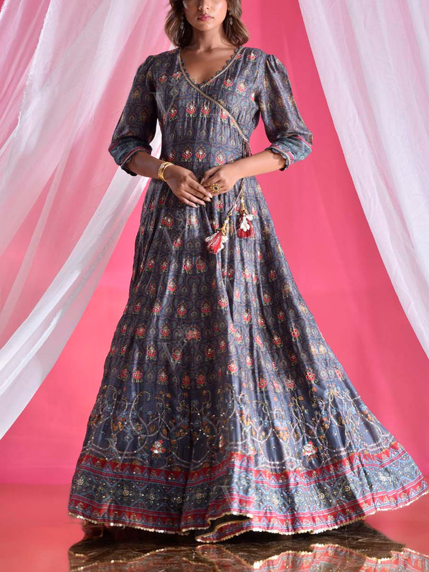 Grey Vasansi Silk Printed Anarkali Gown